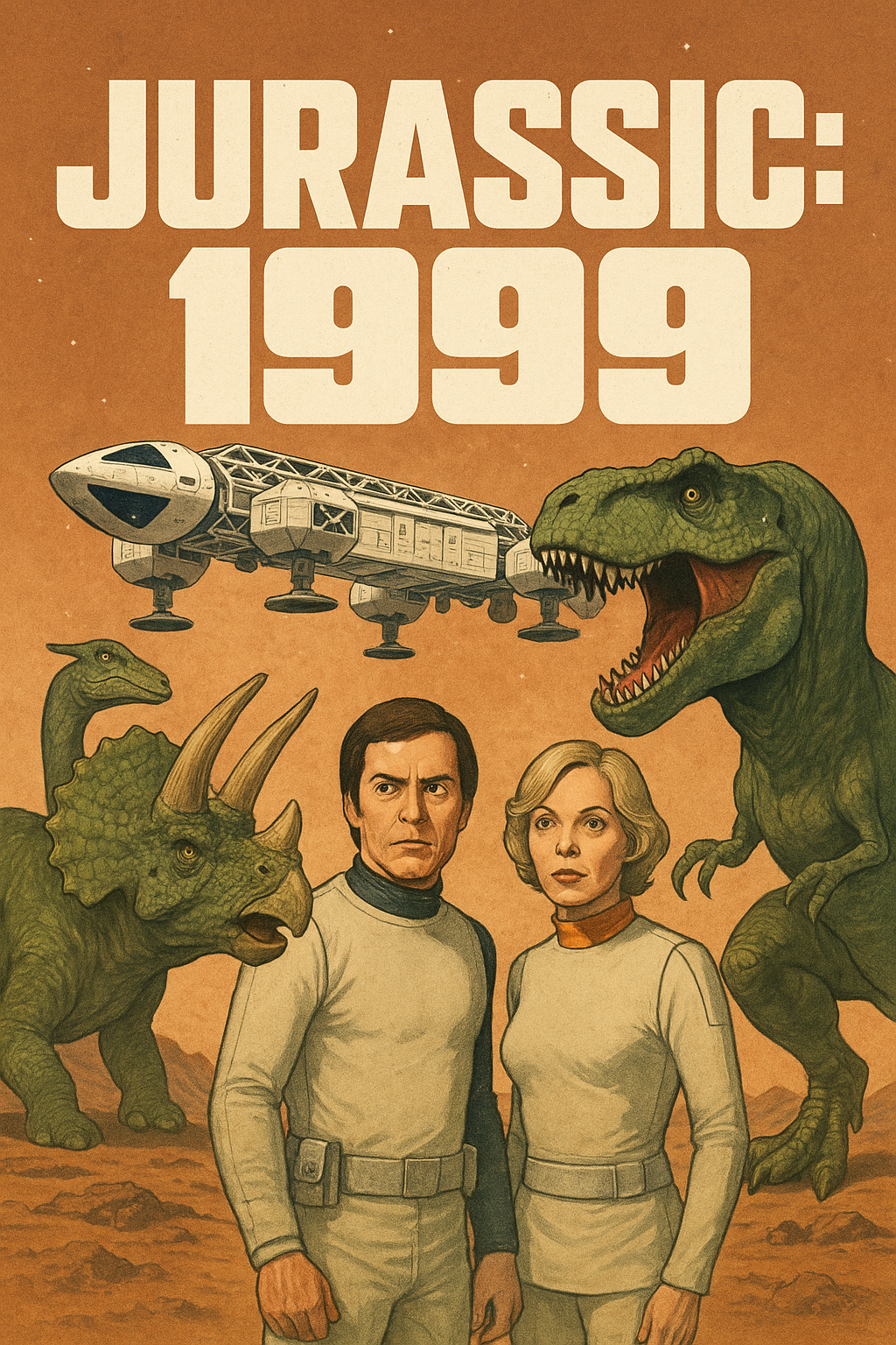 AI generated image of a Space: 1999 corssover with dinosaurs; John Koenig and Helena Russell are standing in front of dinosaurs.