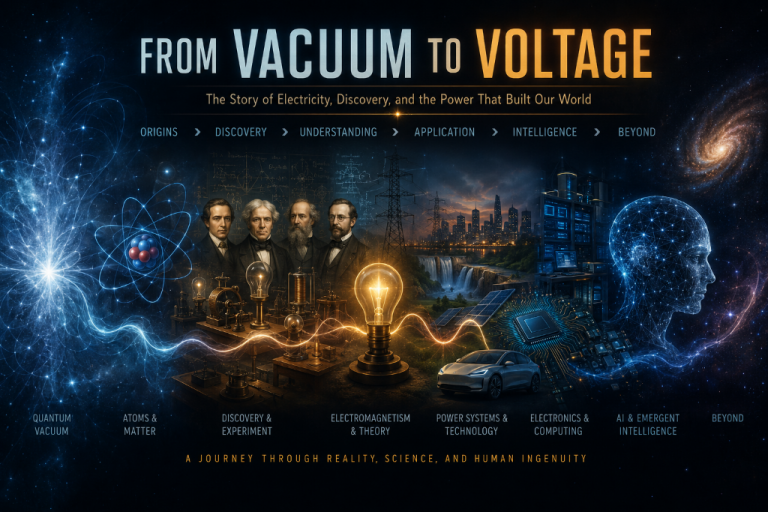 Illustrated hero image for From Vacuum to Voltage showing quantum vacuum, atoms, pioneering electricity researchers, power systems, electronics, and AI.