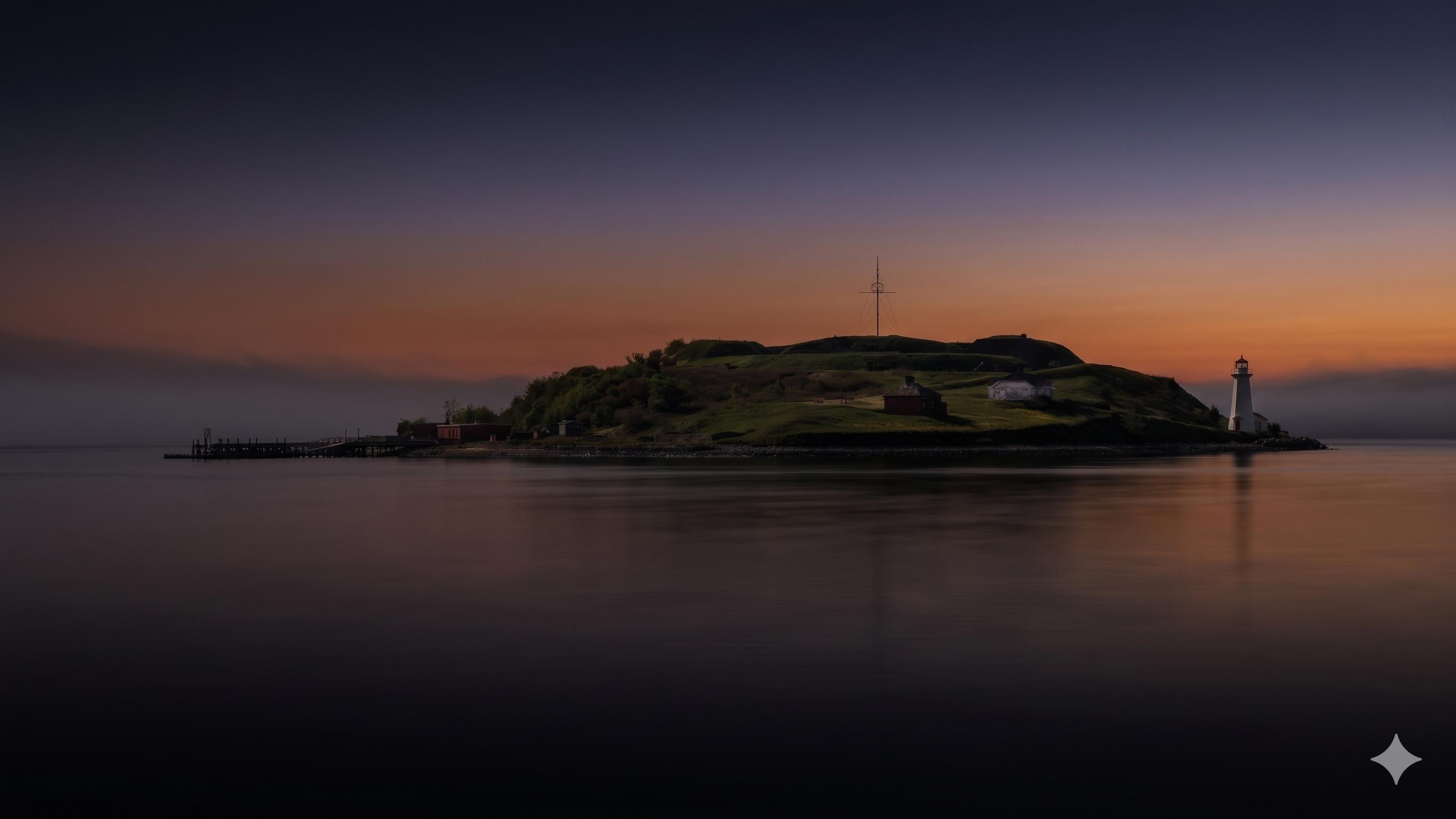 Gemini generated panorama of Georges Island at dusk with fog, dark water, and a dramatic orange to periwinkle sky.