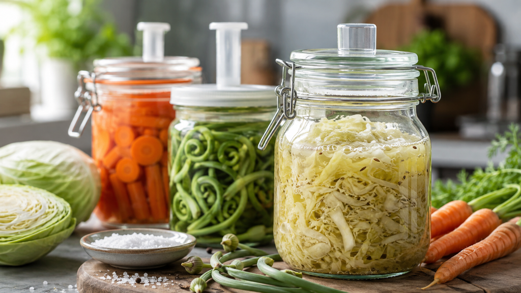 Vegetables in glass fermentation jars with brine and weights